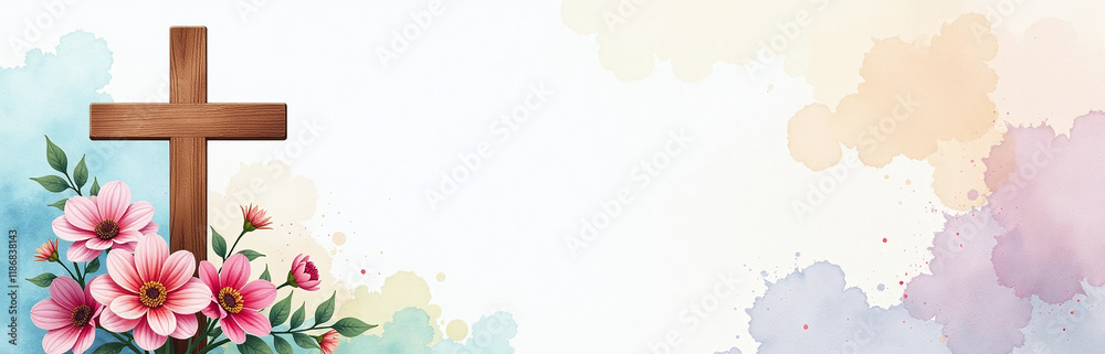 Poster a watercolor background decorated with a christian cross is adorned with flowers in this design feat