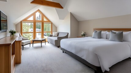 Fototapeta premium Contemporary hotel suite with kingsize bed and scenic mountain views through large windows : Generative AI