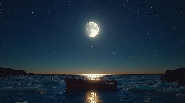 Solitary Boat Under a Serene Full Moon: A Nighttime Seascape