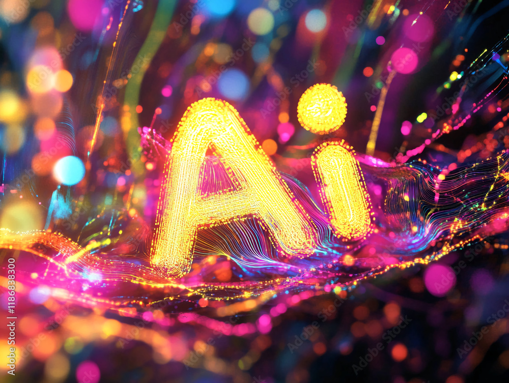 Poster Neon AI text surrounded by vibrant colorful lights and abstract glowing patterns