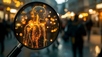 Magnifying glass reveals glowing human anatomy, city bokeh background.  Intriguing medical, science concept.