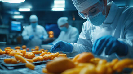 Workers in protective gear process food in a commercial kitchen, focusing on hygiene and efficiency in a busy, well-lit environment.