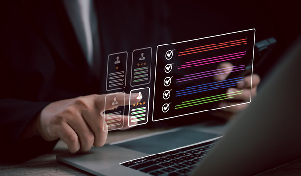 Recruitment people or Human Resource Management (HR) concept : Bussinessman using laptop for human development recruitment leadership and customer target group to enter the position in company.	

