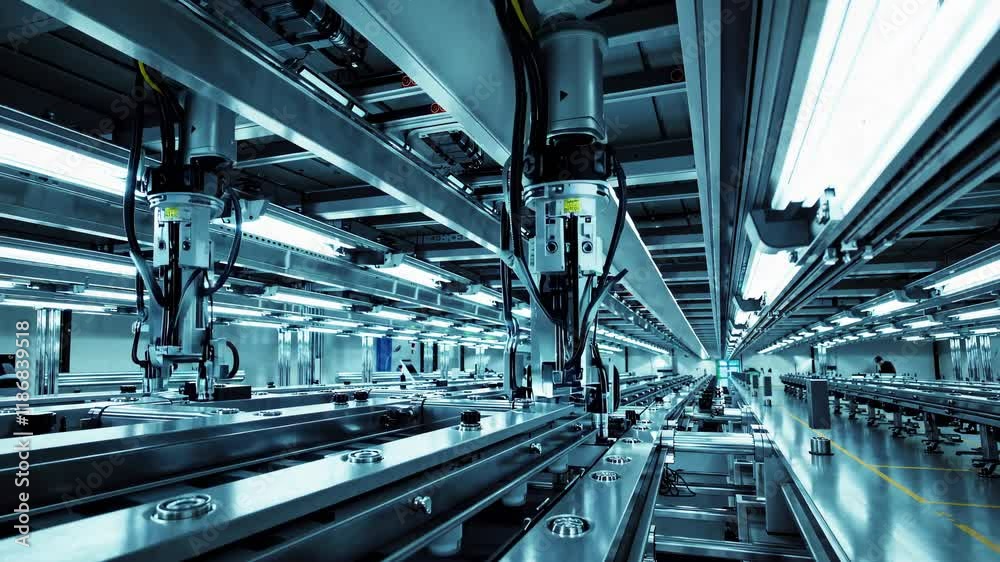 Poster advanced robotic systems automate production line in modern factory setting