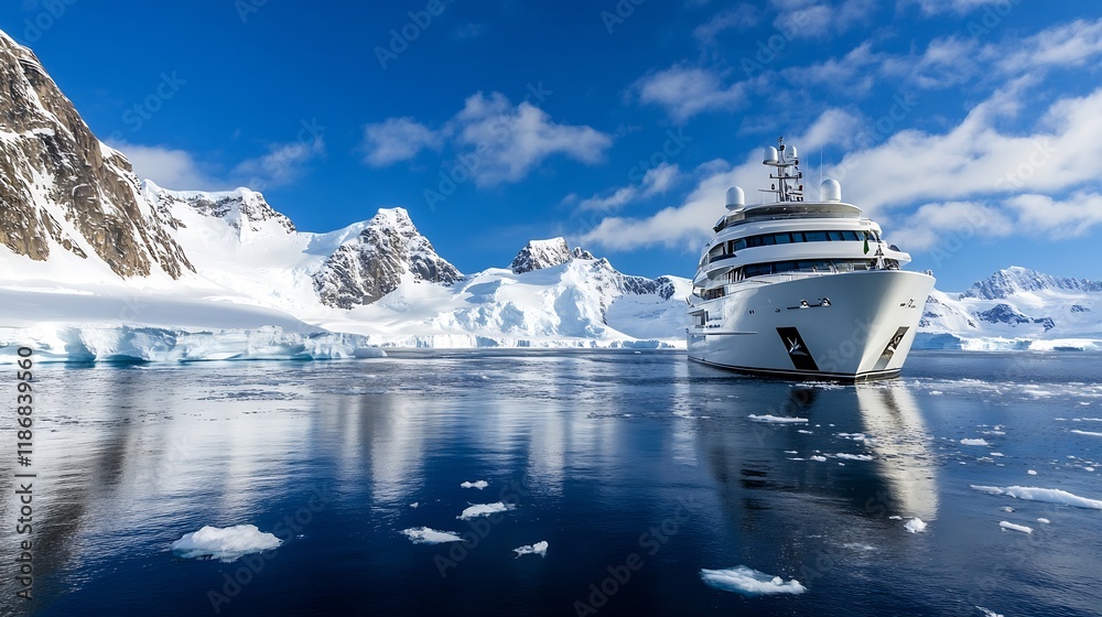 Poster expedition yacht navigating pristine antarctic waters amidst icebergs and snowcapped mountains : gen