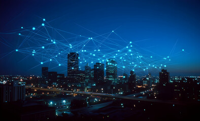 A wide shot of an urban cityscape at night, with glowing network connections linking buildings across the skyline, symbolizing technology and connectivity. 