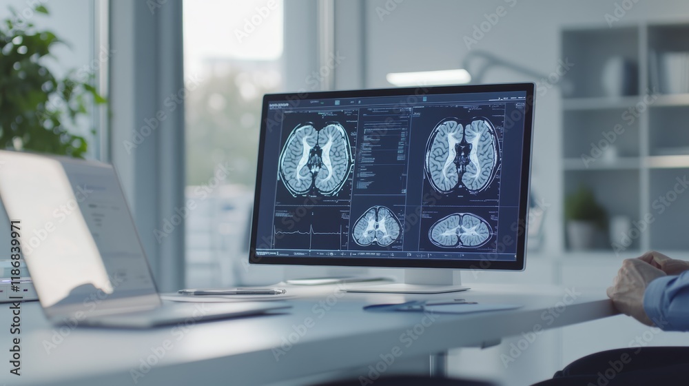 Poster medical professional examining brain mri scans displayed on a computer monitor in a bright, modern h