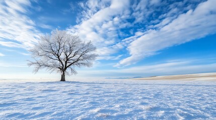 Majestic Tree in Pristine Snowy Landscape Under Clear Blue Skies : Generative AI
