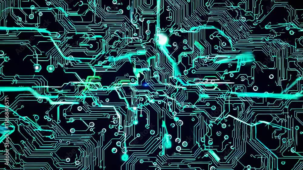 Poster exploring the intricate patterns of circuit board designs with vibrant electricity animations