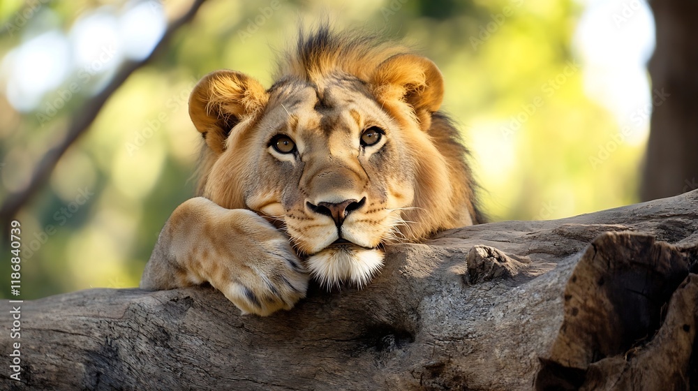 Aufkleber Majestic Lion Resting on Tree Trunk in Natural Wilderness Safari Setting : Generative AI