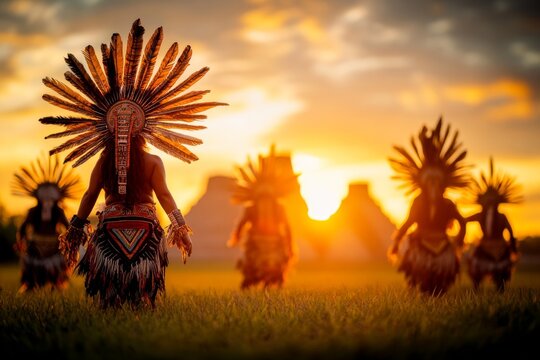 A cultural performance near the ruins of Uxmal, with dancers in traditional Mayan attire performing under a vibrant sunset