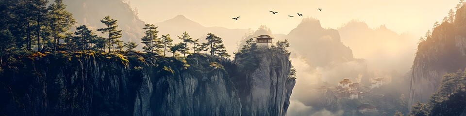 Fototapeta premium Panoramic view of Tigers Nest Monastery illuminated by the golden hour light, with dynamic shadows adding depth to the dramatic cliffs, in 4K resolution