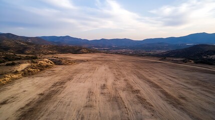 Fototapeta premium Scenic Dry Desert Landscape with Expansive View Under a Cloudy Sky at Sunset : Generative AI