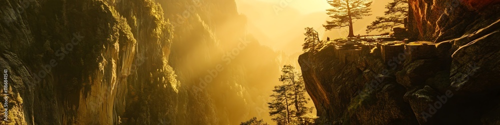 Aufkleber Panoramic view of the dramatic cliffs surrounding Tigers Nest Monastery illuminated by golden light, with dynamic shadows creating depth, in 4K resolution