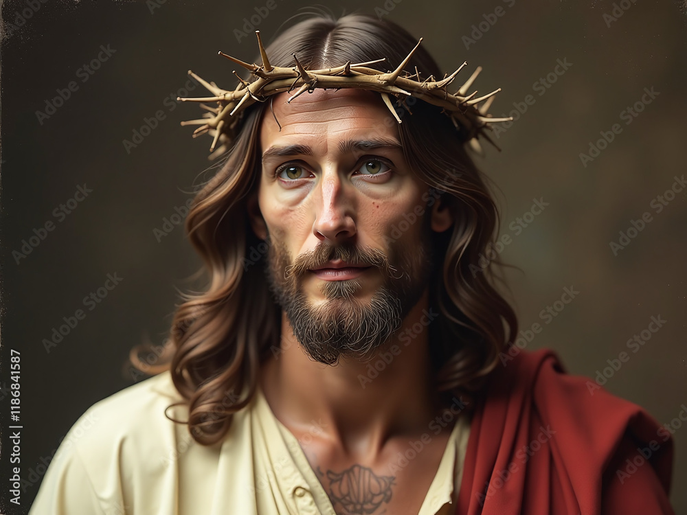 Poster A Vintage Image Of Jesus Christ Wearing A Crown Of Thorns Is Recreated Using Artificial Intelligence Technology Algorithms. 00003