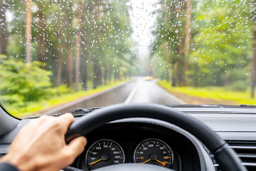 Naklejka premium A driver's perspective of hands on a steering wheel while driving through a rainy forest road. Raindrops on the windshield add a dynamic and atmospheric feel.