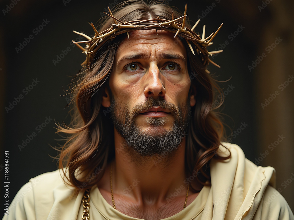 Poster A Vintage Image Of Jesus Christ Wearing A Crown Of Thorns Is Recreated Using Artificial Intelligence Technology Algorithms. 00002