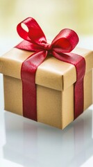 Obraz premium Valentine's Gift Box with Red Ribbon Romantic Surprise Cozy Home Elegant Setting Heartfelt Gesture