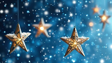 Festive hanging stars with snow sparkle against a blue background, evoking a joyful winter holiday atmosphere