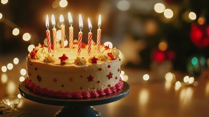 Elegant birthday cake with lit candles on stand, soft glow festive background