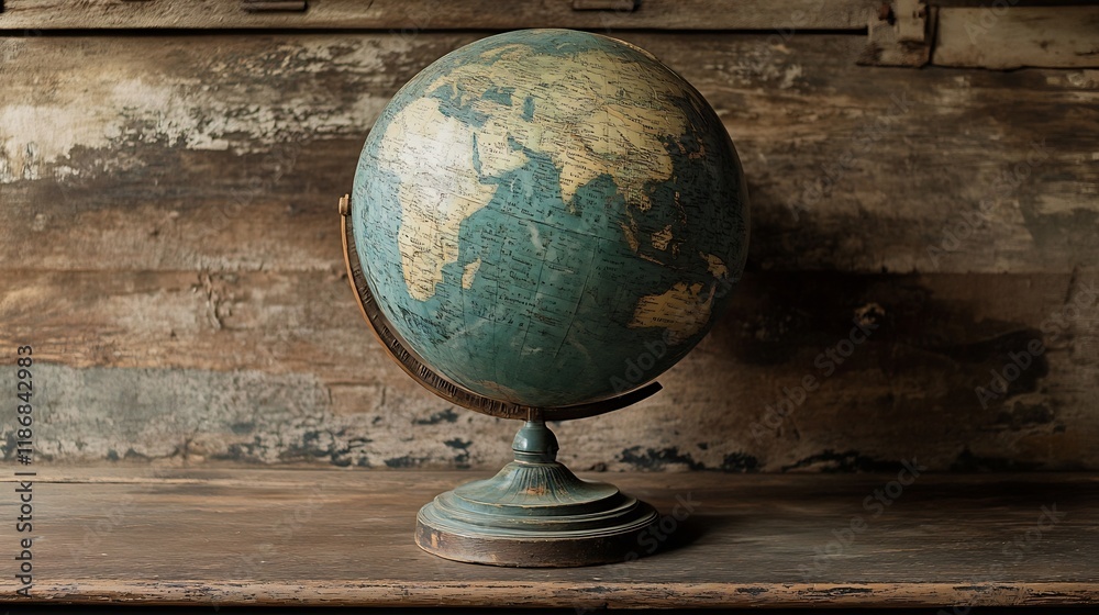 Poster vintage world globe on wooden table representing exploration and global knowledge : generative ai