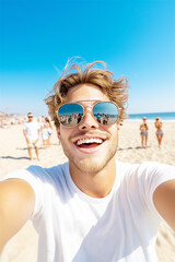 A young man taking a joyful selfie on a sunny beach, surrounded by people enjoying a bright summer day. Perfect for concepts of travel, happiness, and youth.