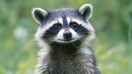 Fototapeta premium Adorable Young Raccoon Close-Up Portrait in Nature Setting fur cute wild eyes face green black white