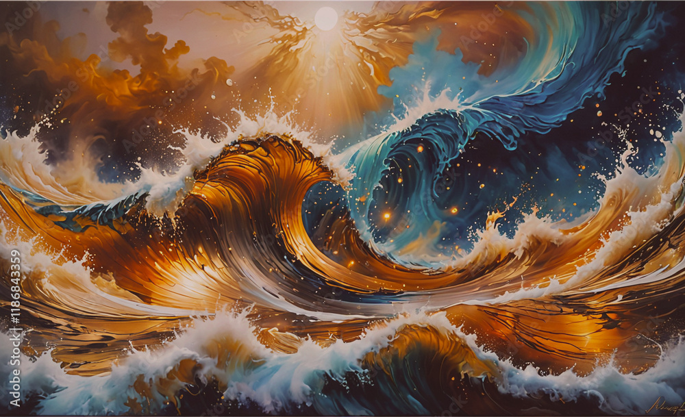 Poster Beautiful painting of a wave with a sun in the background. The sun is positioned in the middle of the wave, creating a sense of depth and movement. The colors of the wave and the sun are vibrant