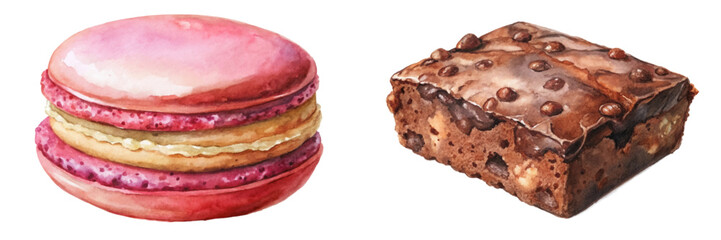 Colorful macarons, rich chocolate brownie, watercolor illustration, dessert art, sweet treats, food styling, bakery design.