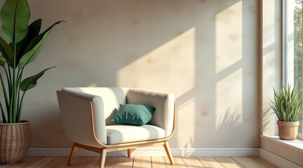 Fototapeta premium beige armchair with teal cushion sunlit room
