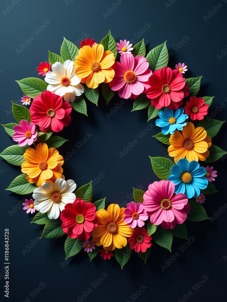 Aufkleber A Vibrant Wreath Crafted From An Array Of Colorful Flowers Adorns A Dark Background With Striking Visual Impact Overall. 00001