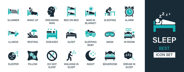 Sleep icon set collection. Slumber, wake up, dreaming man, bed on ben, blanket, sleeping, alarm, illness. And solid icon set collection.