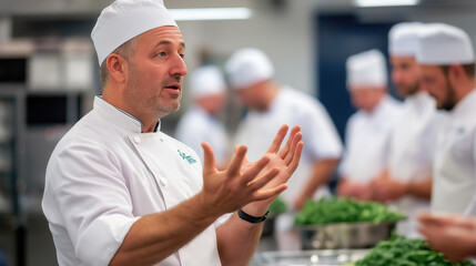A chef passionately teaches a group of culinary students in a modern kitchen, emphasizing hands-on learning and skill development.