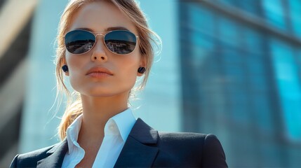 A close-up photograph of a stylish businesswoman wearing sunglasses and wireless earbuds.