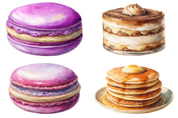 Colorful macarons, layered cake, fluffy pancakes, watercolor style, delicious desserts, food illustration, culinary art.