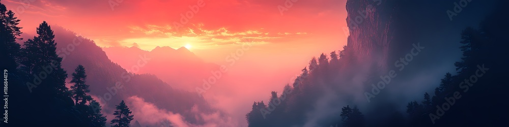 Poster panoramic view of tigers nest monastery glowing under fiery sunset hues, with dynamic shadows and sw