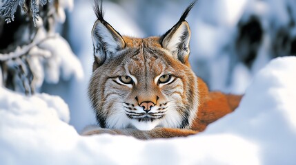 Obraz premium Majestic Eurasian Lynx in Winter Wonderland Snow Scene Fur Cold Eyes Wild White Brown Sharp Focus 