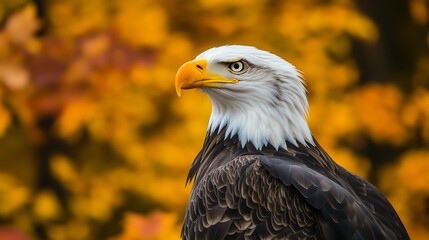 Fototapeta premium Majestic Bald Eagle Portrait against Autumnal Background eye bird fall wing beak head wild brown 