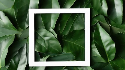 Elegant arrangement of green leaves with white frame, ideal for nature themed designs and botanical presentations