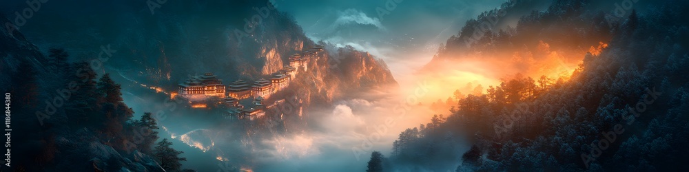 Poster panoramic view of tigers nest monastery glowing under vibrant twilight, with dynamic shadows and swi