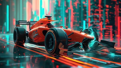 Naklejka premium Futuristic orange racecar in neon lit environment, embodying speed and technological innovation