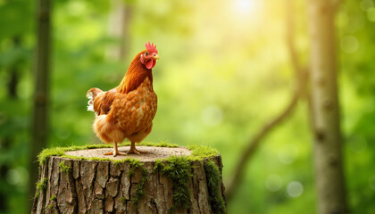 Fototapeta premium Vibrant chicken standing proudly on a mossy tree stump in sunlight, nature's beauty