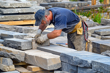 Stonemason shaping large stone blocks in workshop