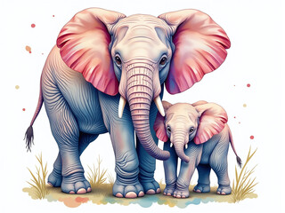 A Vibrant Watercolor Portrait Of An Elephant Mother And Her Baby, Isolated Against A Clean White Background, Splatters Across The Canvas. 00001