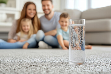 A glass of water with happy family in background healthy life concept 