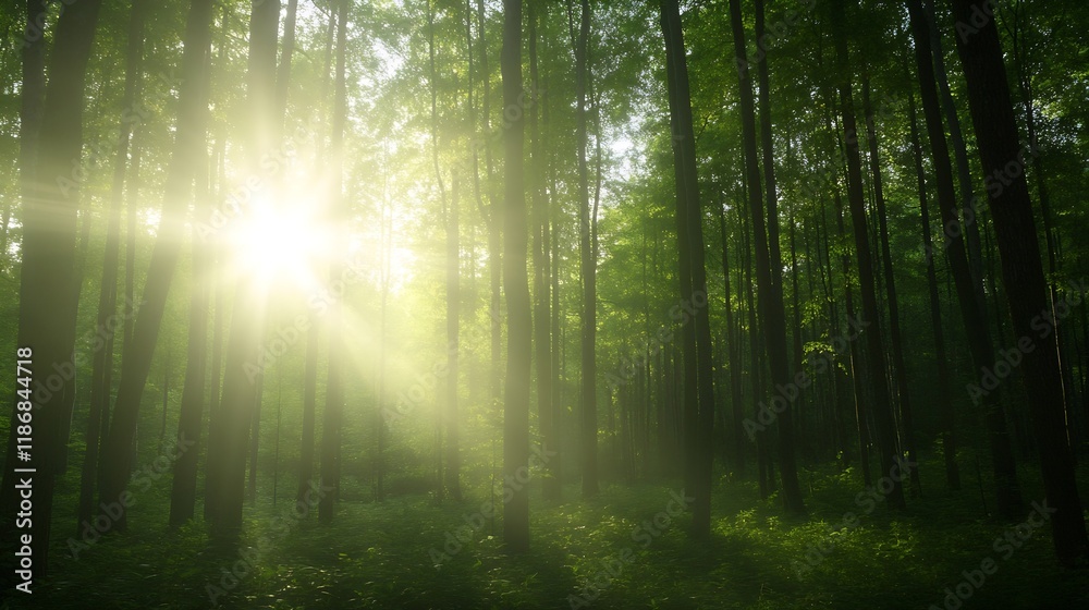Poster Sunlight Streaming Through Lush Green Forest Trees in Serene Natural Setting : Generative AI