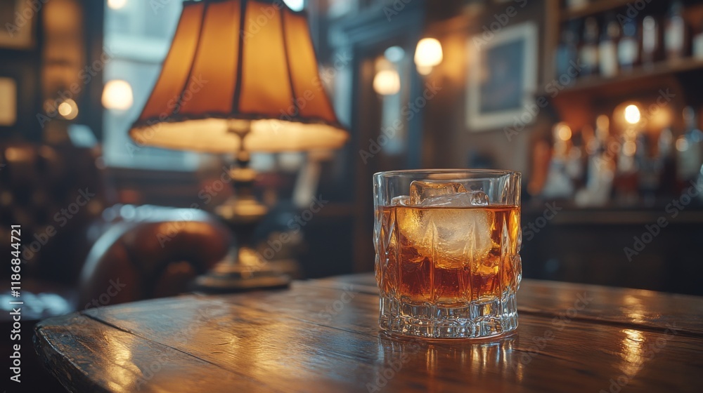 Poster a glass of whiskey with ice rests on a polished wooden table in an inviting bar. warm lamps illumina