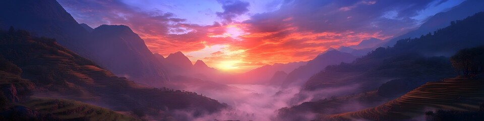 Fototapeta premium Panoramic view of the serene valley glowing under fiery sunset hues, with vibrant terraced fields and swirling mist adding depth, in 4K resolution