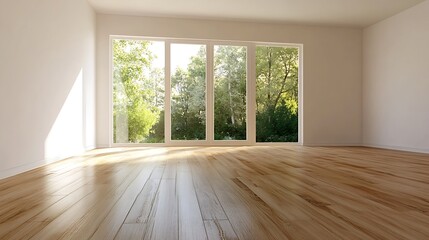 Fototapeta premium Modern Bright Spacious Empty Room with Large Windows and Light Wooden Flooring : Generative AI