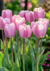 Fototapeta premium Vibrant purple tulips in full bloom basking in the warm glow of the golden hour with soft shadows dancing on their petals